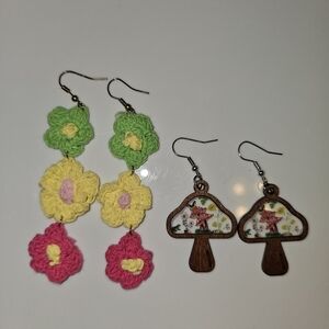Boho Earrings Wooden Mushrooms & Crochet Flower Dangles